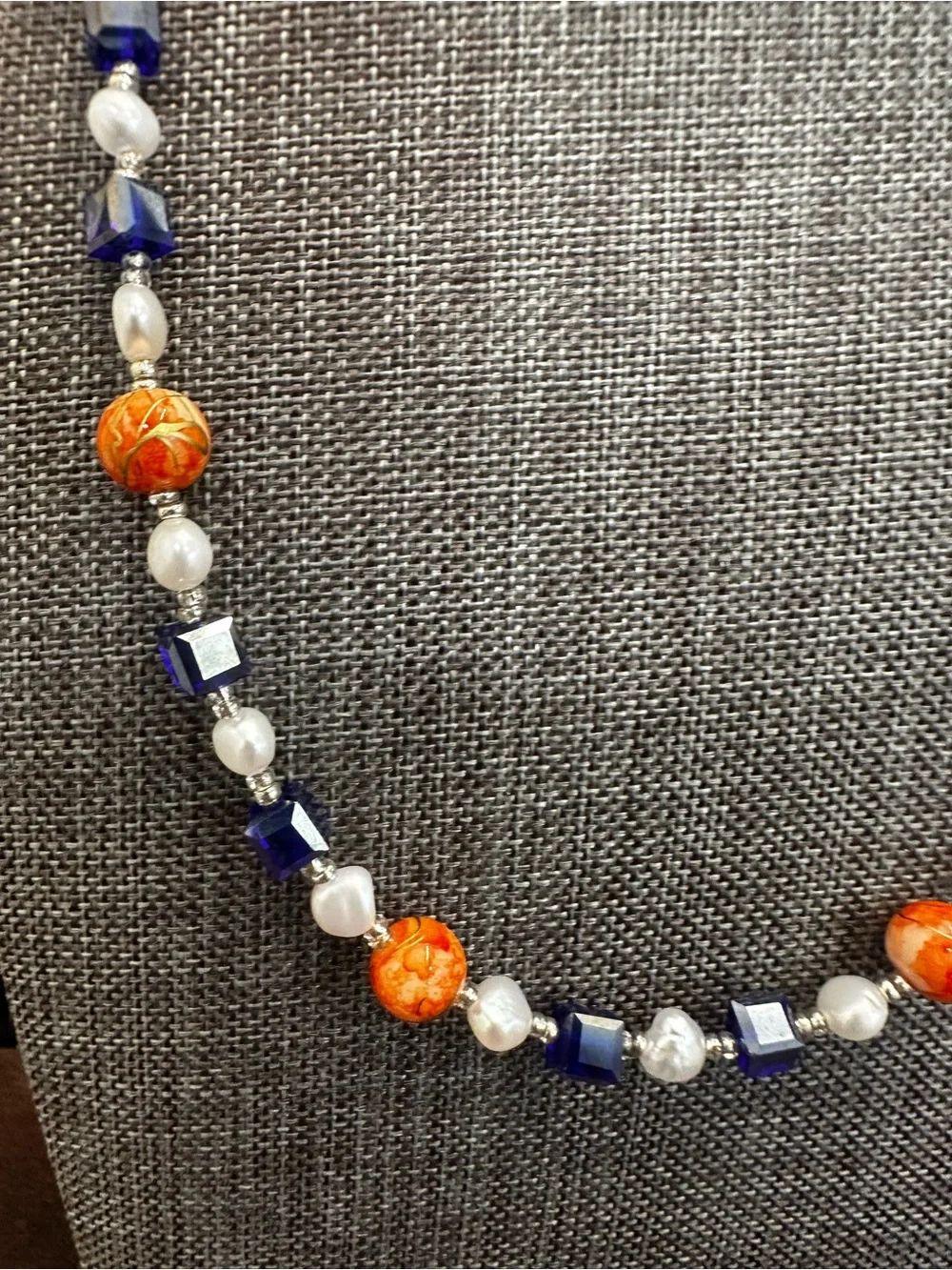 Freshwater Pearl Necklace with Orange and Navy Accents